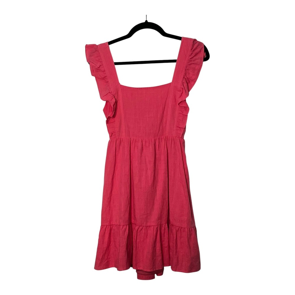 New In Women Coral Flutter Sleeve Tiered Mini Dress Square Neck Tie Back ND30160